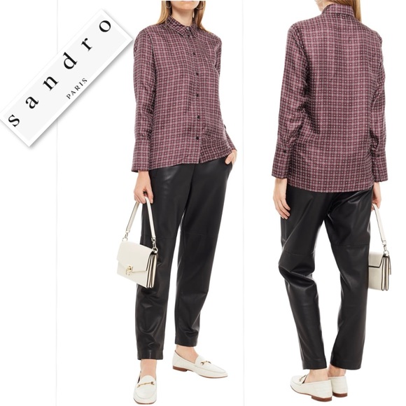 SANDRO Thia Printed 100% Silk-twill Shirt Blouse In Bordeaux Size 4 - Picture 3 of 16